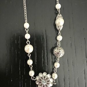 Silver and White Pearl Costume Jewelry Long Necklace